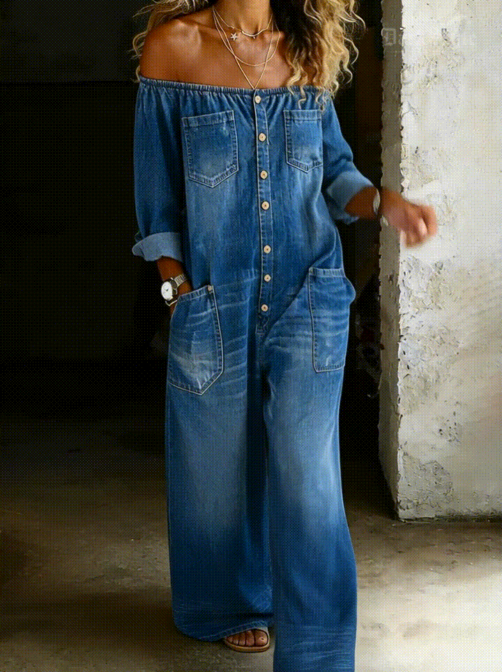 Elena | Off-Shoulder Long Sleeve Denim Overall