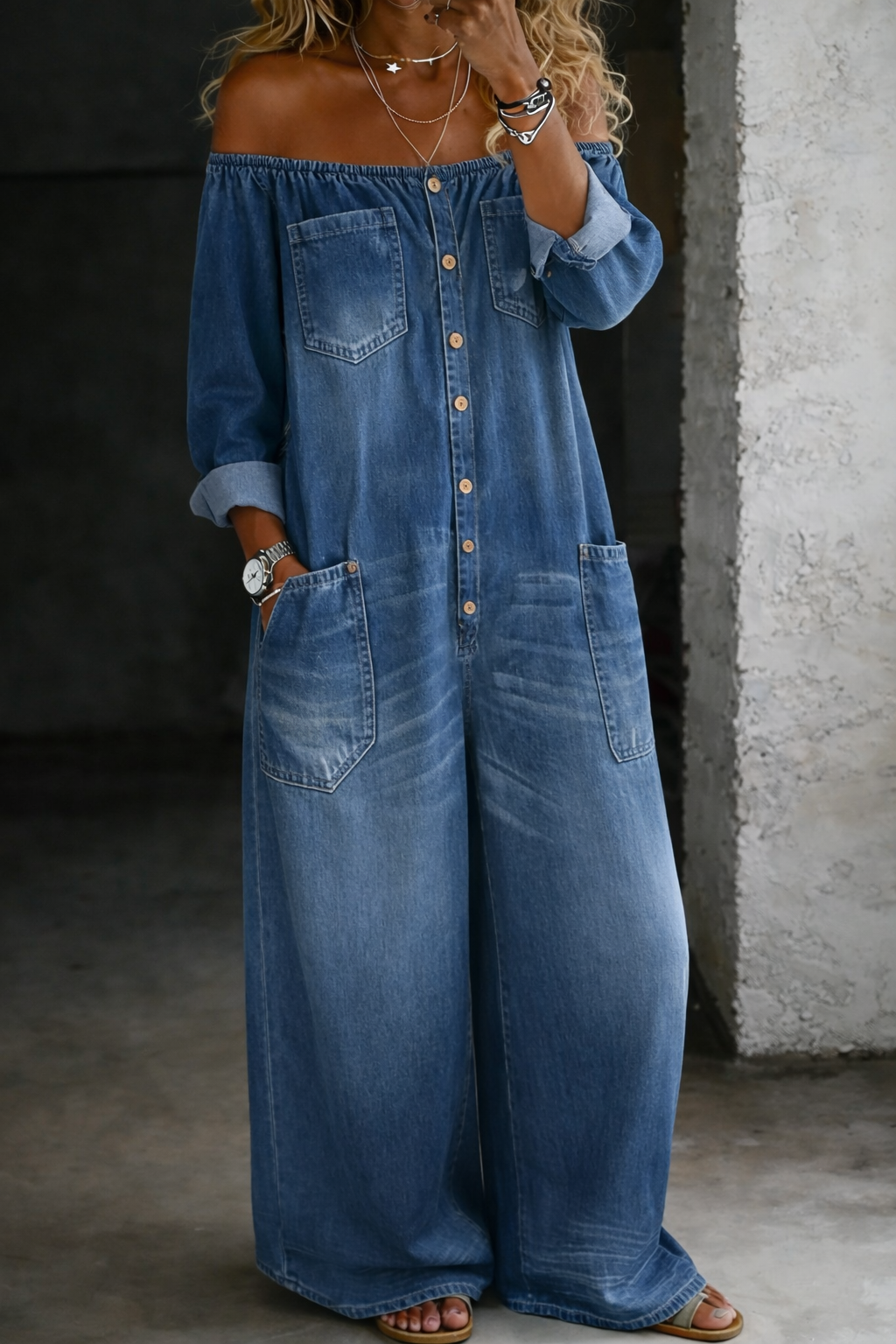 Elena | Off-Shoulder Long Sleeve Denim Overall