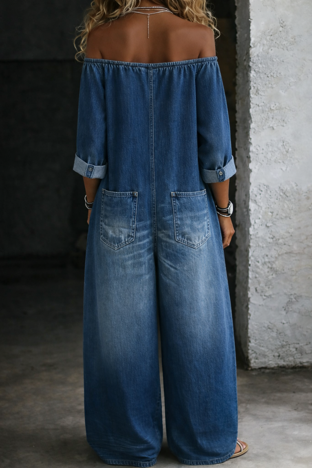 Elena | Off-Shoulder Long Sleeve Denim Overall