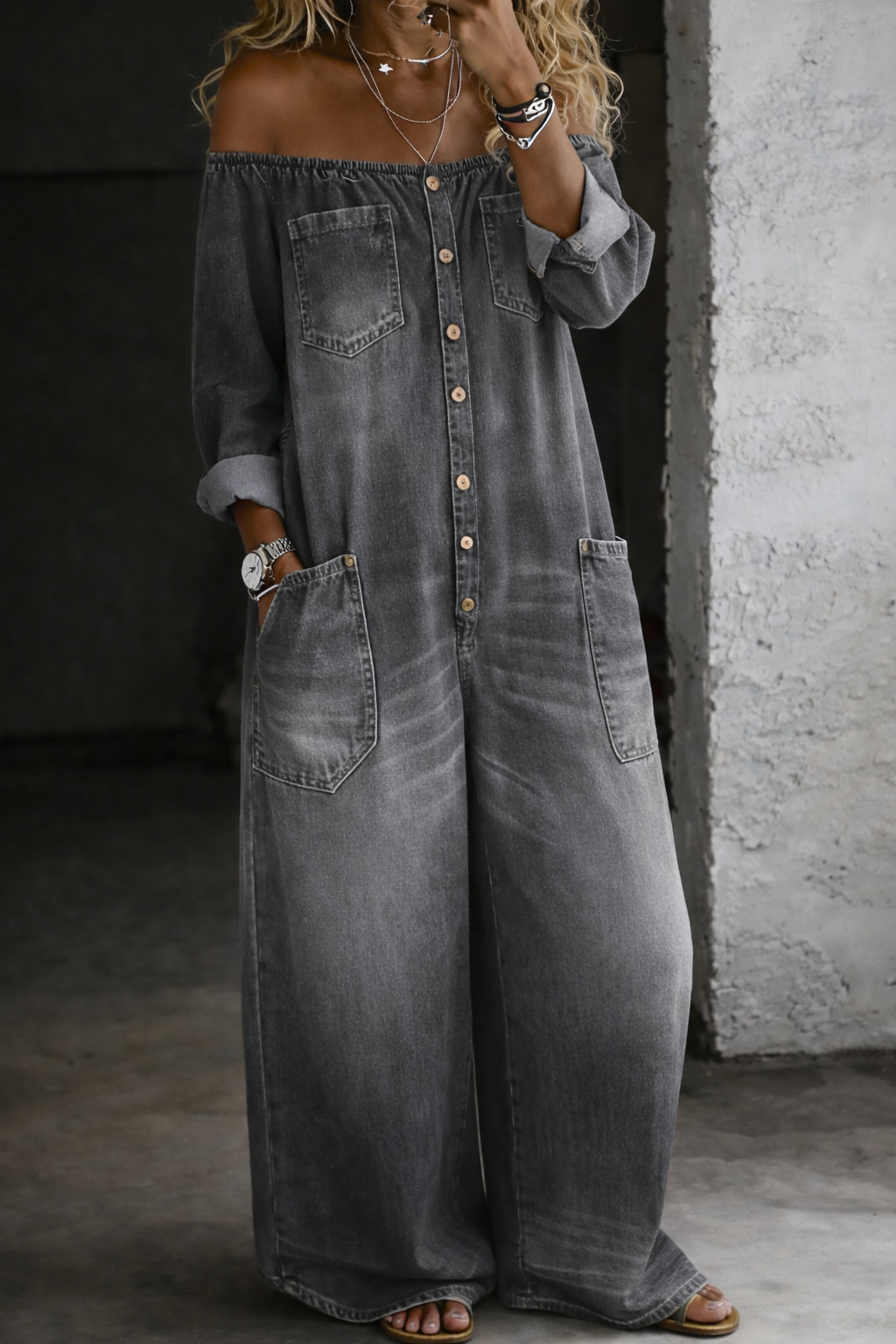 Elena | Off-Shoulder Long Sleeve Denim Overall