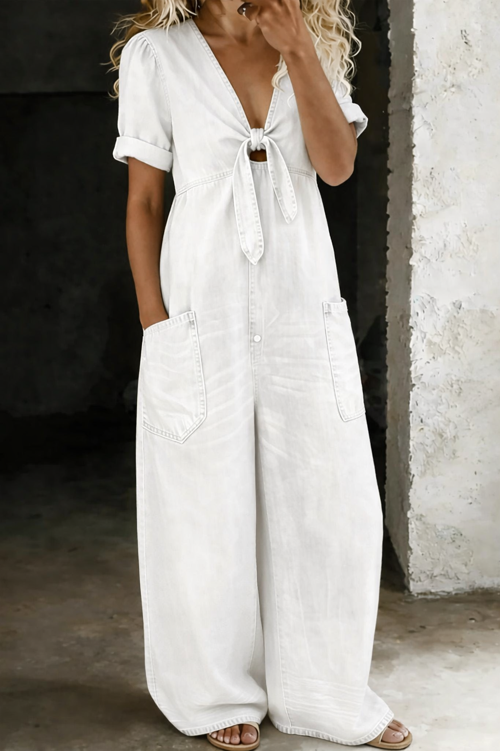 Maya | Short V-Neck Short Sleeve Denim Overall