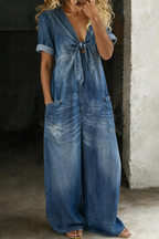 Maya | Short V-Neck Short Sleeve Denim Overall