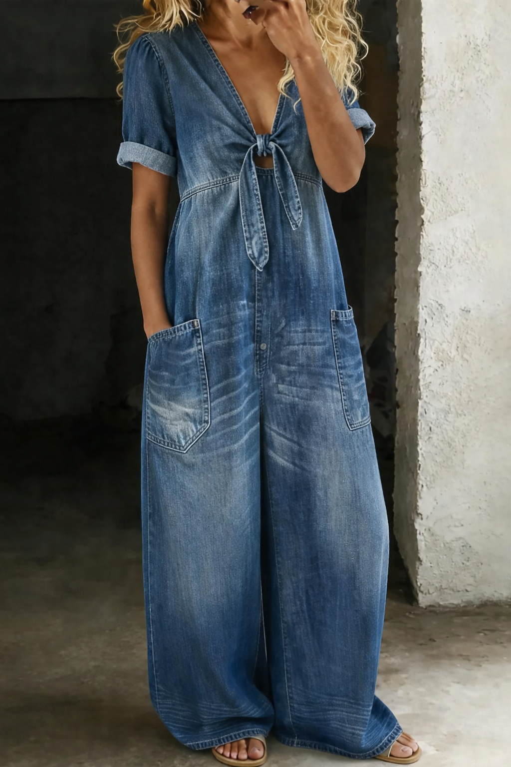 Maya | Short V-Neck Short Sleeve Denim Overall