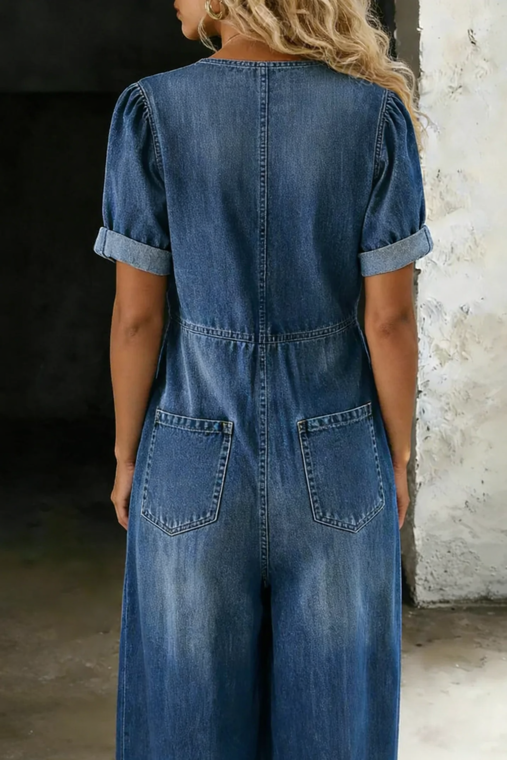 Maya | Short V-Neck Short Sleeve Denim Overall