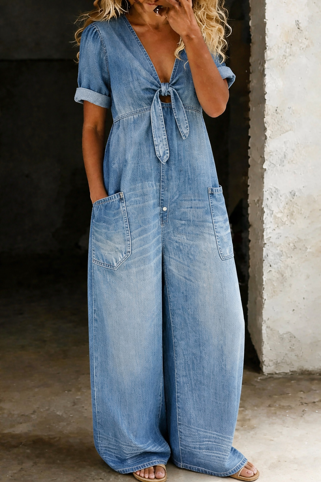 Maya | Short V-Neck Short Sleeve Denim Overall