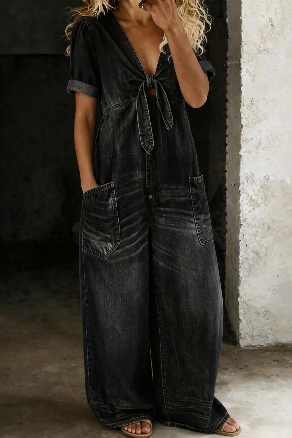Maya | Short V-Neck Short Sleeve Denim Overall