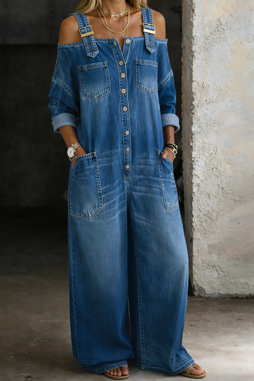 Zosia | Off-Shoulder Patterned Denim Overall