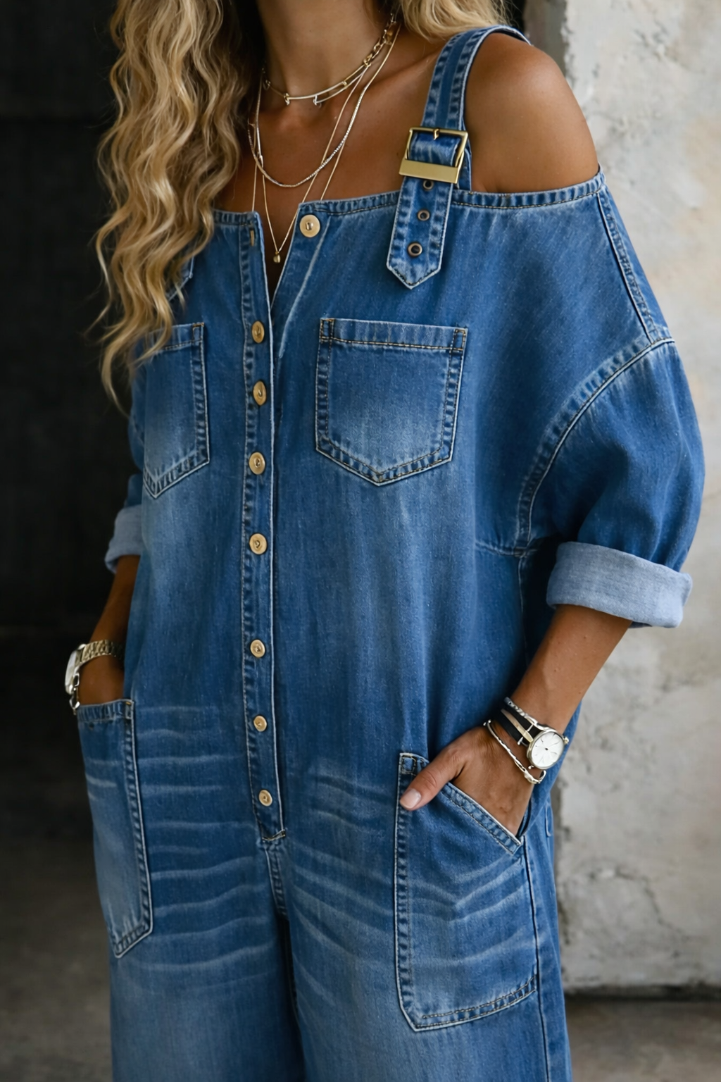 Zosia | Off-Shoulder Patterned Denim Overall