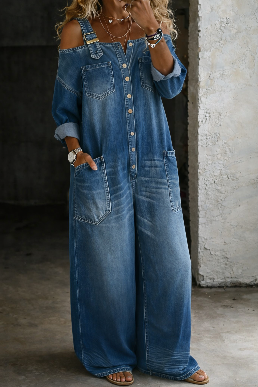 Zosia | Off-Shoulder Patterned Denim Overall